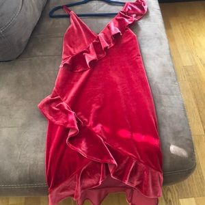 Express red velvet mini dress with ruffles